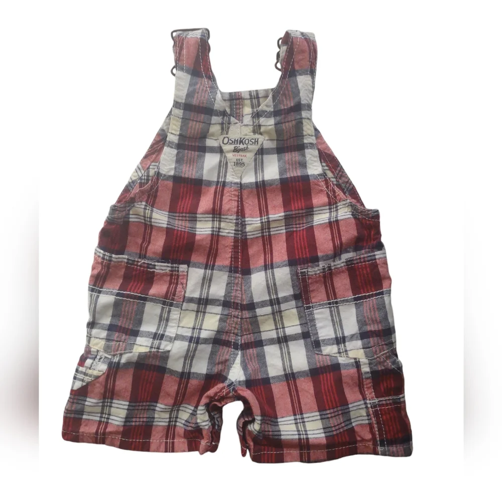 OshKosh B'gosh overalls short Baby 6 mo red/black plaid yellow‎ stripe pockets